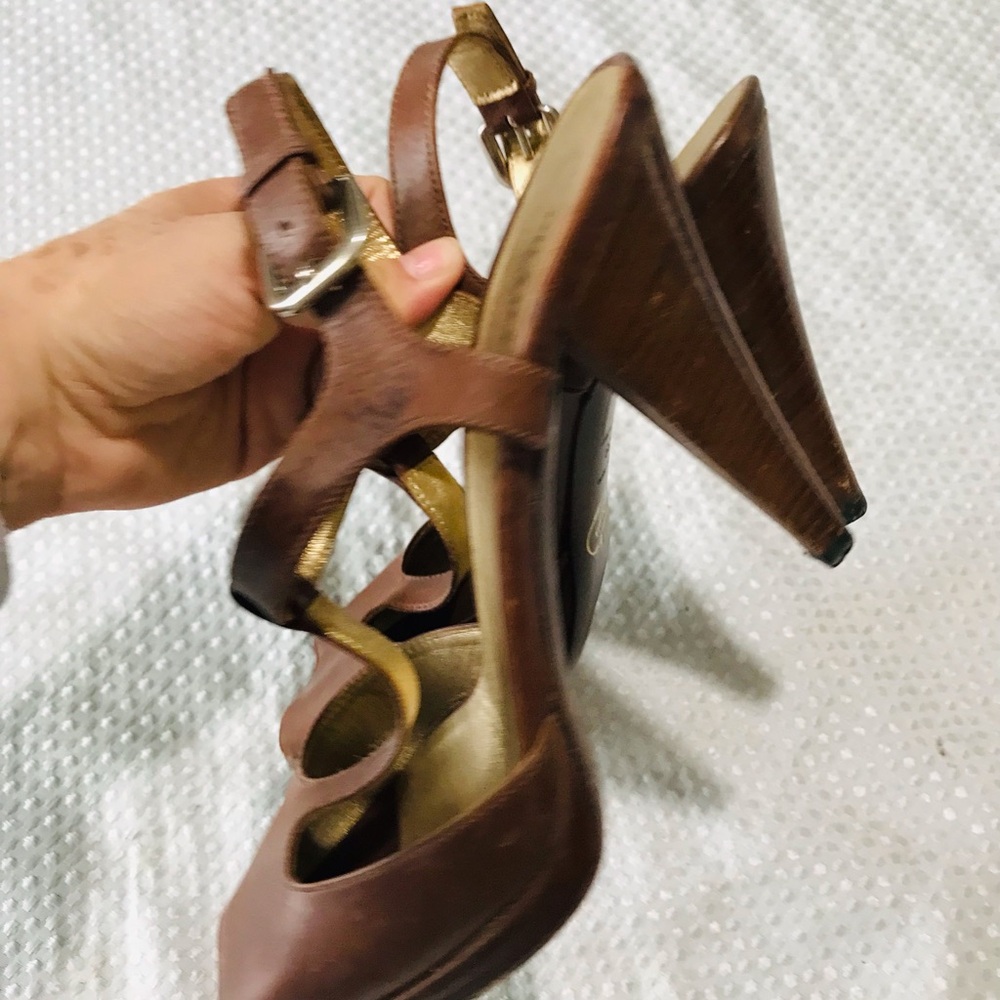 Prada Brown Leather Peep-Toe Slingback Heels - Picture 6 of 15